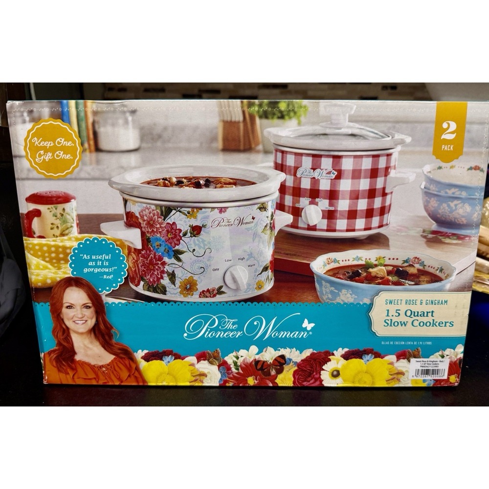 Pioneer Woman Sweet Rose AND Gingham Floral 1.5 Quart Slow Cooker Set 2-NEW 4017